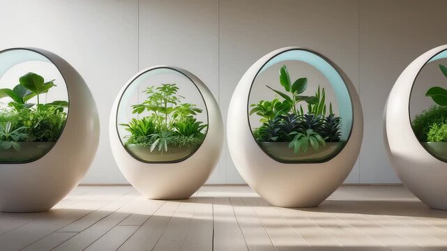 Innovative spherical indoor planters with lush green plants inside modern glass pods creating stylish sustainable home garden design