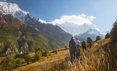 Group of friends hikers walking in mountains enjoying outdoor activities together in Himalayas, Nepal. Travel, outdoor group sport lifestyle concept.