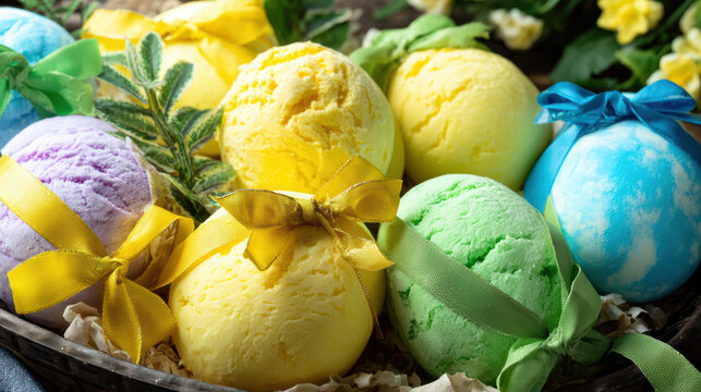 Colorful bath bombs with ribbons in basket for cheerful spring gift