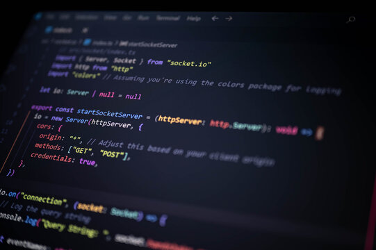 Close-up of a modern JavaScript code editor screen showing real-time server setup using Socket.IO and HTTP server integration for backend web development.