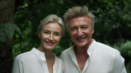 Obraz premium Happy senior couple smiling outdoors nature with green background