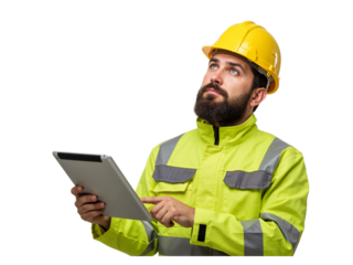 Bearded construction worker wearing yellow hard hat and safety jacket holding tablet and looking up isolated on transparent background