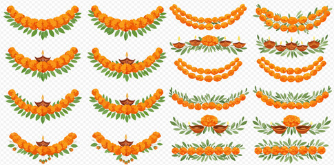 Collection of festive garlands and diya decorations, featuring marigold flowers and green leaves, ideal for Diwali or similar celebrations.