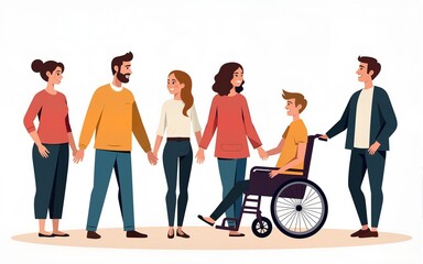 World disability day. Disabled people standing together. People with prosthesis and in wheelchair and blind. Flat vector illustration. High quality