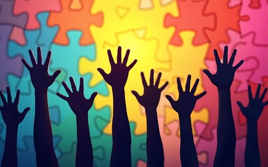 horizontal banner, Autistic Pride Day, World Autism Awareness, hands up, silhouettes of hands on the background of a multi-colored puzzle wall, rainbow background of puzzle parts. High quality
