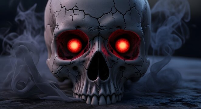 Menacing demon skull with glowing red eyes and black horns of fire. A dark fantasy digital illustration representing evil, hell, and supernatural power