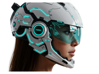 High tech futuristic cybernetic helmet with glowing blue accents worn by a woman isolated on transparent background