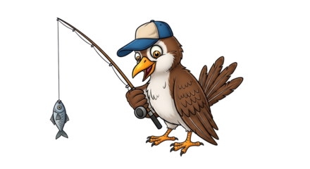 Isolated Bird with Fishing Rod