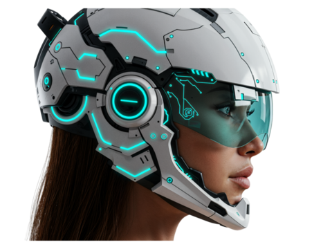 High tech futuristic cybernetic helmet with glowing blue accents worn by a woman isolated on transparent background
