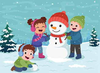 Cartoon cute kids playing outside on winter scene
