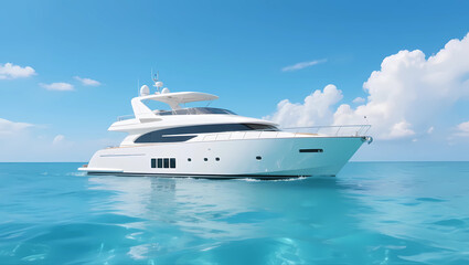 Stylish Yacht Gliding on Crystal Clear Waters Beneath a Bright Blue Sky, Perfect for Luxurious Escapes and Ocean Adventures