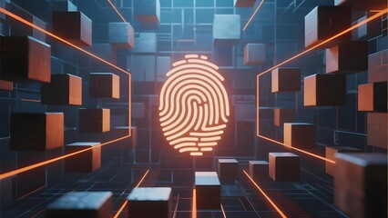 Glowing Fingerprint Icon in a Futuristic Grid Environment