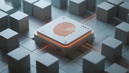 Fingerprint Scanner on a Futuristic Grid with Illuminated Connections