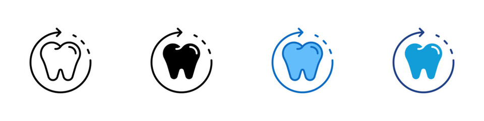 Dental Motion Multiple Style Icon Vector Design - tooth within a dashed circular path and arrow, representing tooth regeneration, dental process, and oral improvement