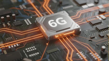 6G Chip Integrated into a Circuit Board with Illuminated Connections