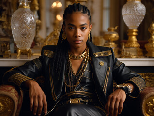 A stylish, confident Black woman, adorned in a luxurious black leather jacket embellished with gold accents, sits in an opulent, gilded interior.