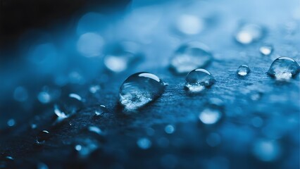 Close-up of water droplets on a blue surface, showcasing their clarity and reflective properties.