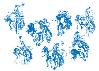 Wild West Rodeo Cowboy Illustration. Frontier Cowboy Spirit art. Retro Western Rodeo Rider. A vintage illustration of rodeo cowboy. Cowboy action on bronco. Bronco Buster Rodeo Cowboy Action Sketch.