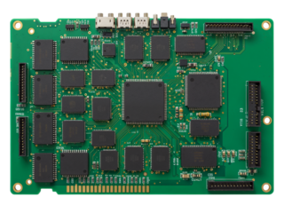 Close up view of a complex green printed circuit board with many black integrated circuits and electronic components isolated on transparent background