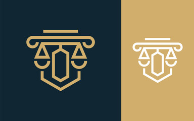 Initial letter O for law firm with pillars, legal scales and shield logo design vector illustration