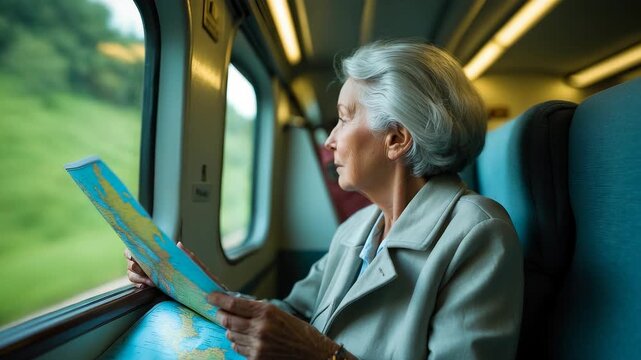 Elderly woman sitting on train seat holding travel map while looking out window at scenic countryside landscape during peaceful journey
