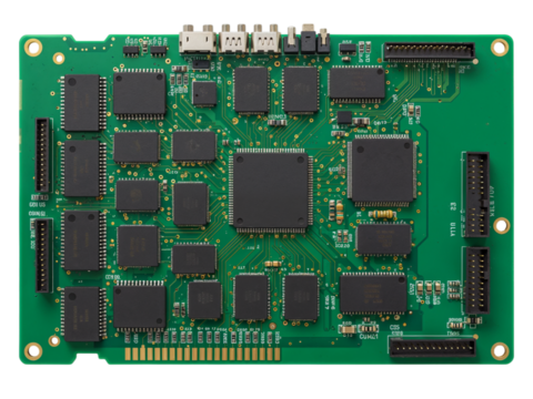 Close up view of a complex green printed circuit board with many black integrated circuits and electronic components isolated on transparent background
