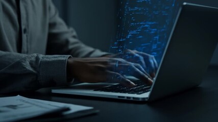 Typing on laptop displaying digital data stream concept innovation technology cybersecurity - Powered by Adobe