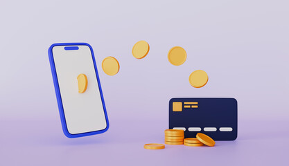 Online payment or transaction, Mobile phone with gold coin transfer into credit card concept