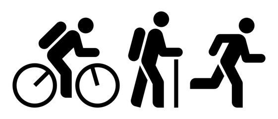 Hiking, jogging and biking symbols. Tourist, runner and cyclist icon set. Pilgrim, athlete, tourist signs.