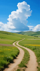 a narrow dirt path cutting through an endless green field, horizon stretching far away under a vivid blue sky