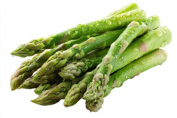 Fresh green asparagus spears grouped in clusters isolated on transparent white background. Detailed texture and vibrant color. Close-up studio of group of fresh asparagus stalks arranged neatly.