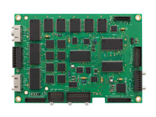 Close up of a complex green electronic circuit board with many integrated circuits and connectors isolated on transparent background