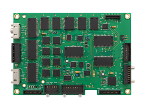 Close up of a complex green electronic circuit board with many integrated circuits and connectors isolated on transparent background