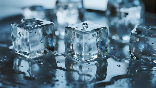 Clear Ice Cubes on a Reflective Surface