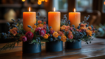 Elegant autumn centerpiece with three glowing pillar candles surrounded by seasonal flowers, cozy festive arrangement, cinematic warm illumination, atmospheric depth, stylish holiday decor, neutral co