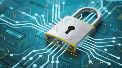 Digital Security Concept: A Padlock Over a Circuit Board Background