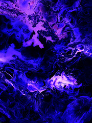 Neon pink and blue abstract fantastic creative hand painted dark background, marble and brush texture, fantastic ocean, acrylic painting.