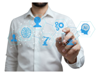 Man in white shirt interacting with futuristic artificial intelligence network and digital interface isolated on transparent background