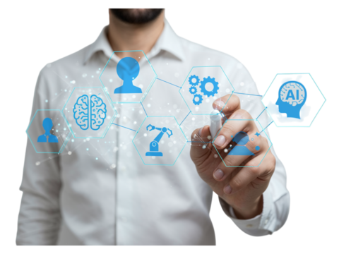 Man in white shirt interacting with futuristic artificial intelligence network and digital interface isolated on transparent background