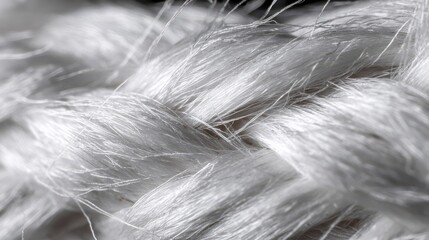 Obraz premium Close-up macro photography of braided white fibers with silky texture, detailed woven threads, natural textile material, fiber art, fabric texture, organic, soft and shiny strands