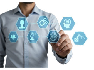 Businessman touching futuristic digital interface displaying icons of artificial intelligence robotics and human resources on transparent background isolated on transparent background
