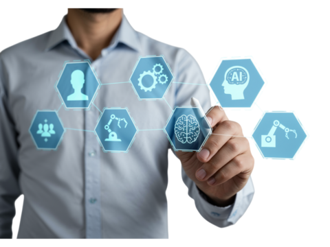 Businessman touching futuristic digital interface displaying icons of artificial intelligence robotics and human resources on transparent background isolated on transparent background