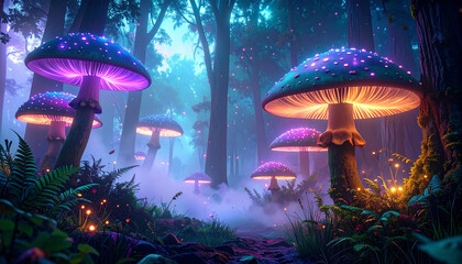 Naklejka premium Enchanted forest landscape with glowing mushrooms, creating a magical and dreamy atmosphere in a surreal and vibrant nature scene