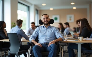 Man with disabilities at work. Guy in wheelchair in office among colleagues. Disability Employment Awareness Month. Employment, inclusion, Disability Rights, Inclusivity concept. World Disability day