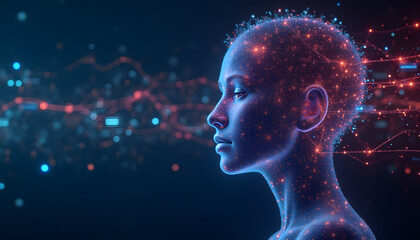 Neon data streams flowing into human silhoue