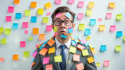 Stressed businessman in suit covered with colorful sticky notes on office wall looking overwhelmed with reminders in chaotic workplace setting