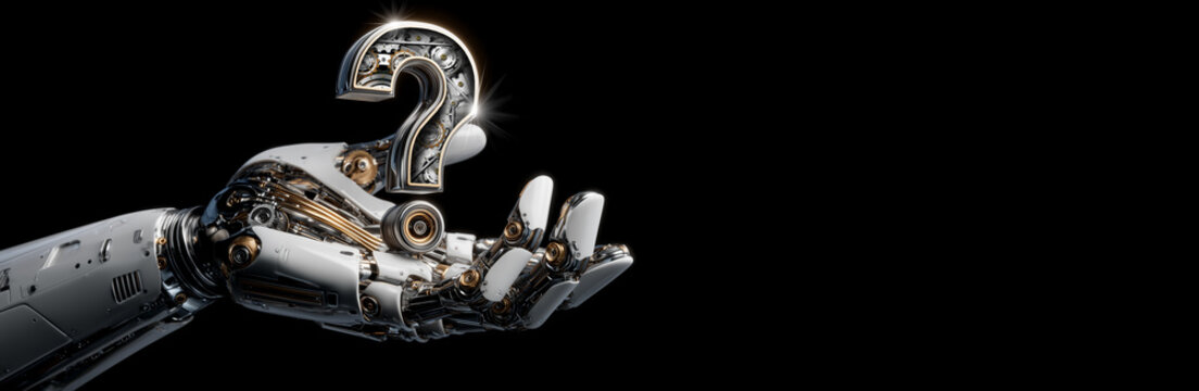 Close-up, macro photography of a robot hand holding a metallic question mark with metal gears inside, isolated on a black background with copy space. FAQ support, Q and A concept. Generative Ai. - Powered by Adobe