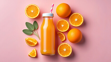 Obraz premium Overhead shot of a glass bottle of orange juice, surrounded by fresh orange slices and sage leaves on a pastel pink background.