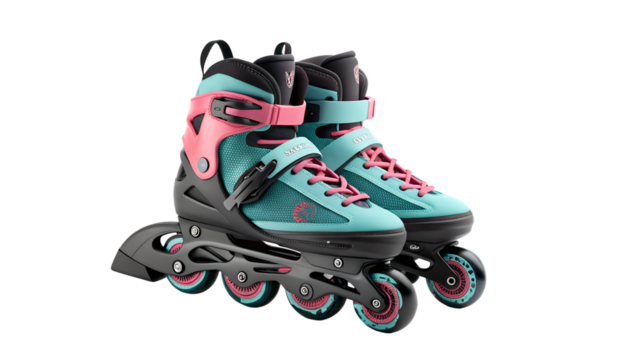 Pair of blue and pink roller skates for sports and recreation, isolated on transparent background  png