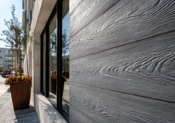 Modern brown wood plank texture. Fiber cement siding. Exterior of composite wall. Plastic material is eco-friendly polymer panels in rows. Wooden grain surface. Hollow WPC boards. Dark oak color. PE.